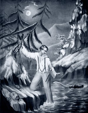 И при луне в водах плеснувших струистый исчезает круг. 1849. Кавказский пленник Цензор В. Лешков. Литография издателя А. Руднева. Иллюстрация к «Кавказскому пленнику» А. С. Пушкина