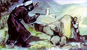 Старик с пистолетом и Жилин. Иллюстрация Г. Балашова к рассказу Л. Н. Толстого «Кавказский пленник»