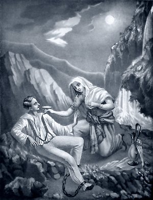 Черкешенка, тропой тенистой, приносит пленнику вино, кумыс, и ульев сот душистый, и белоснежное пшено... 1849. Кавказский пленник Цензор В. Лешков. Литография издателя А. Руднева. Иллюстрация к «Кавказскому пленнику» А. С. Пушкина