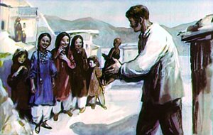 Жилин с куклой и татарские дети. Иллюстрация Г. Балашова к рассказу Л. Н. Толстого «Кавказский пленник»