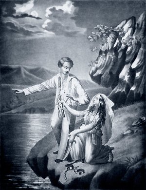 «Ты волен, — дева говорит, — Беги!». 1849. Кавказский пленник. Цензор В. Лешков. Литография издателя А. Руднева. Иллюстрация к «Кавказскому пленнику» А. С. Пушкина