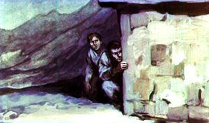 Жилин и Костылин выбрались из сарая. Иллюстрация Г. Балашова к рассказу Л. Н. Толстого «Кавказский пленник»