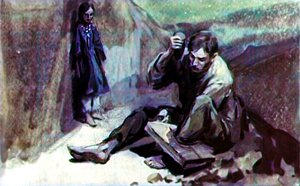 Дина и Жилин сбивают колодку. Иллюстрация Г. Балашова к рассказу Л. Н. Толстого «Кавказский пленник»