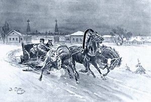 Выехав за город и оглядев снежные поля, он порадовался тому, что он один среди этих полей, завернулся в шубу, опустился на дно сеней, успокоился и задремал. Иллюстрация З. Е. Пичугина к повести Л. Н. Толстого «Казаки»