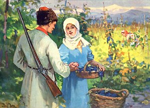 Руки их столкнулись. Иллюстрация З. Е. Пичугина к повести Л. Н. Толстого «Казаки»