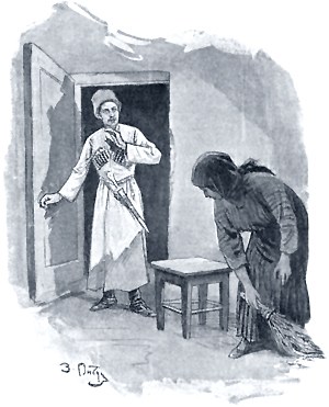 Казачка, не разгибаясь, обернула к нему строгое, но еще красивое лицо. Иллюстрация З. Е. Пичугина к повести Л. Н. Толстого «Казаки»