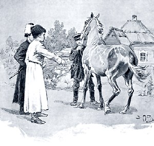Оленин, Лукашка и конь. Иллюстрация З. Е. Пичугина к повести Л. Н. Толстого «Казаки»