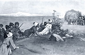 Казаки с возом сена подходили все ближе и ближе. Иллюстрация З. Е. Пичугина к повести Л. Н. Толстого «Казаки»