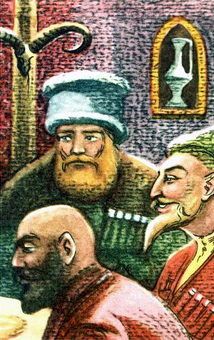 Ведут за чашей круговою согласный, долгий разговор.... Иллюстрация к поэме К. Л. Хетагурова «Фатима». Художник У. К. Кануков, 1978 г.