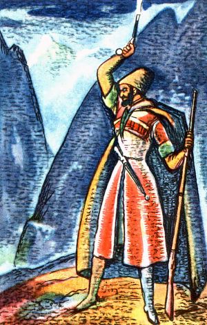 Когда вы все — и стар и млад — с оружием за Сулак спешили. Иллюстрация к поэме К. Л. Хетагурова «Фатима». Художник У. К. Кануков, 1978 г.