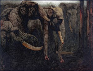 Танцы слонов. Иллюстрация к рассказу Р. Киплинга «Маленький Тумаи». Художники Эдвард Юлиус Детмольд и Чарльз Морис Детмольд, 1902