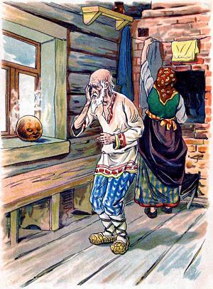 Старушка так и сделала: намела, наскребла горсти две муки, замесила тесто на сметане, скатала колобок, изжарила его в масле и положила на окно простынуть. Иллюстрация к сказке «Колобок». Издание 1913 г.