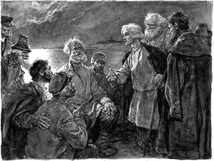 Беседа Гриши Добросклонова с крестьянами. Иллюстрация к поэме Н. А. Некрасова «Кому на Руси жить хорошо». Художник Серов Владимир Александрович, 1940-1950-е гг.