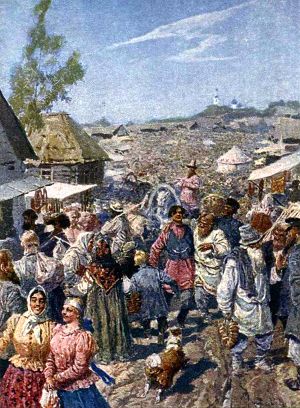 «Хмельно, горластно, празднично, пестро, красно кругом!..» Иллюстрация к поэме Н. А. Некрасова «Кому на Руси жить хорошо» художника В. А. Серова