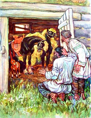 Потирая здесь и там, входят братья к двум коням. Иллюстрация Николая Кочергина к «Коньку-горбунку» Петра Ершова