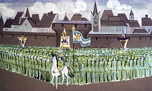 — Кавалерия, вперед! — крикнул Матиуш, вскочив на красивого белого коня. Иллюстрация к повести Януша Корчака «Король Матиуш Первый». Художник И. Рублев, 1968 г.