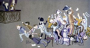 — Господин барон фон Раух, успокойтесь. Ничего плохого не случилось. Это кристаллизуются партии, — сказал он Фелеку. Иллюстрация к повести Януша Корчака «Король Матиуш Первый». Художник И. Рублев, 1968 г.