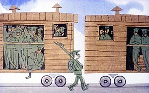 Матиуша и Фелека солдаты бросили в вагон, как два пакета. Иллюстрация к повести Януша Корчака «Король Матиуш Первый». Художник И. Рублев, 1968 г.