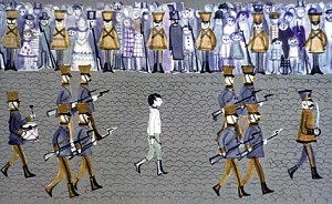 Все вышли на улицу, чтобы в последний раз посмотреть на своего короля. У многих на глазах были слезы. Иллюстрация к повести Януша Корчака «Король Матиуш Первый». Художник И. Рублев, 1968 г.