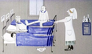 Рана заживала быстро, сестры и врач были очень добрые, и Матиуш чувствовал бы себя прекрасно, если бы не одна страшная опасность... Иллюстрация к повести Януша Корчака «Король Матиуш Первый». Художник И. Рублев, 1968 г.