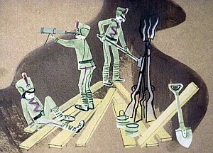 Матиуш совершенно не знал современной войны. Он думал, что армия только дерется, отнимает лошадей и идет все дальше и дальше, топча врага. Но что солдаты роют рвы, вбивают перед этими рвами колья с колючей проволокой и сидят в этих рвах целыми неделями, Матиушу даже и не снилось. Иллюстрация к повести Януша Корчака «Король Матиуш Первый». Художник И. Рублев, 1968 г.
