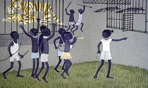 — Стой! — крикнула Клю-Клю. — Приготовить луки! Там что-то шевелится. Иллюстрация к повести Януша Корчака «Король Матиуш Первый». Художник И. Рублев, 1968 г.
