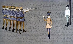 Бледный и спокойный стоял он, когда взвод солдат заряжал ружья и целился в него. Иллюстрация к повести Януша Корчака «Король Матиуш Первый». Художник И. Рублев, 1968 г.
