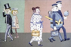 Очень странно выглядел город, когда взрослые шли с книжками в школу, а дети шли в конторы, на фабрики и в магазины, чтобы там их заменить. Иллюстрация к повести Януша Корчака «Король Матиуш Первый». Художник И. Рублев, 1968 г.