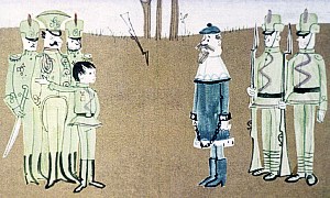 — Побежденный король, — сказал Матиуш, — я знаю, что такое неволя. Дарю тебе свободу. Ты разбит, поэтому прошу тебя остатки твоих войск убрать из моей страны. Иллюстрация к повести Януша Корчака «Король Матиуш Первый». Художник И. Рублев, 1968 г.