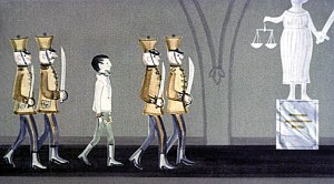 С гордо поднятой головой, легким шагом вошел он в тот же самый тюремный зал, где так недавно заключал договор со своими арестованными министрами. Иллюстрация к повести Януша Корчака «Король Матиуш Первый». Художник И. Рублев, 1968 г.