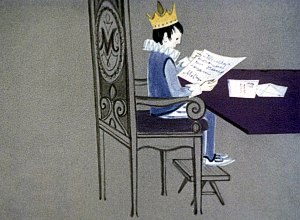 Теперь, когда все дикие короли мои друзья, вы совершенно мне не нужны, Я уже один раз вас победил, попробую второй, И тогда вы будете меня слушаться. Объявляю вам войну. Иллюстрация к повести Януша Корчака «Король Матиуш Первый». Художник И. Рублев, 1968 г.
