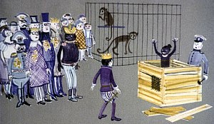 Дочь Бум-Друма, маленькая и смелая Клю-Клю, приехала к Матиушу в клетке с обезьянами. Иллюстрация к повести Януша Корчака «Король Матиуш Первый». Художник И. Рублев, 1968 г.