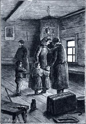 Стала уезжать, подошла ко мне прощаться, обняла... Иллюстрация Н. К. Фон-Бооль к рассказу В. Г. Короленко «Убивец»