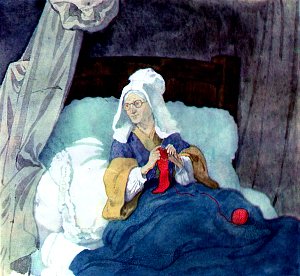 Бабушка. Иллюстрация Б. Дехтерева к сказке братьев Гримм «Красная шапочка»