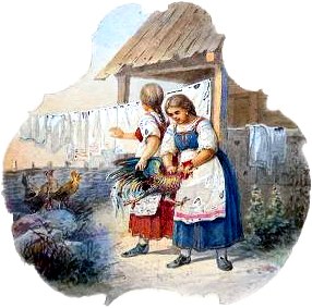 И, выбравши случа̀й, без сожаленья, свернули девушки головку петуху. Иллюстрация к басне И. А. Крылова «Госпожа и две Служанки». Рисунок в альбоме эскизов для чайного сервиза на темы басен И. А. Крылова. Неизвестный художник, 1876 г.