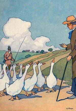 Иллюстрация к басне Крылова «Гуси». Художник А. Жаба (1878-1942)