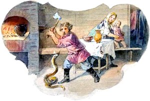 Иллюстрация к басне И. А. Крылова «Крестьянин и Змея». Рисунок в альбоме эскизов для чайного сервиза на темы басен И. А. Крылова. Неизвестный художник, 1876 г.