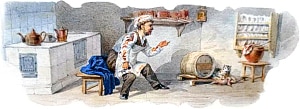 Иллюстрация к басне И. А. Крылова «Кот и Повар». Рисунок в альбоме эскизов для чайного сервиза на темы басен И. А. Крылова. Неизвестный художник, 1876 г.
