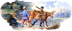 «И подлинно, ведь мне коровы не доить; уж так и быть, возьми себе назад подойник». Иллюстрация к басне И. А. Крылова «Крестьянин и Разбойник». Рисунок в альбоме эскизов для чайного сервиза на темы басен И. А. Крылова. Неизвестный художник, 1876 г.