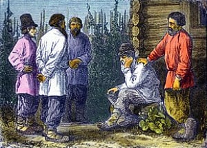 Диапозитив цветной в деревянной рамке «Крестьянин в беде» (басня И. А. Крылова), 1900-1910 гг.