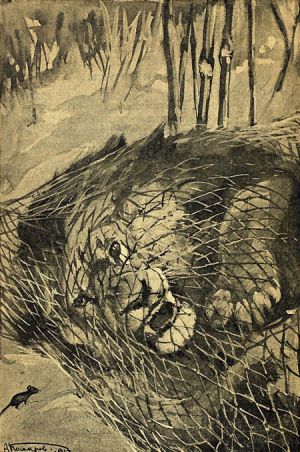 Иллюстрация А. Н. Комарова (1913 г.) к басне Крылова «Лев и Мышь»