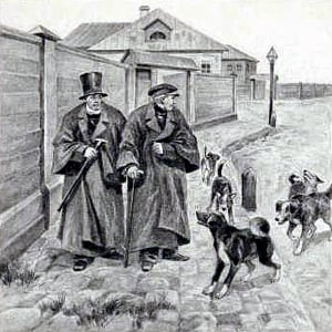 Иллюстрация к басне И. А. Крылова «Прохожие и собаки». Рисунок для волшебного фонаря. В. Высотский, 1900