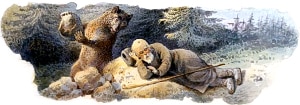 Вот Мишенька, не говоря ни слова, увесистый булыжник в лапы сгреб, присел на корточки, не переводит духу...Иллюстрация к басне И. А. Крылова «Пустынник и Медведь». Рисунок в альбоме эскизов для чайного сервиза на темы басен И. А. Крылова. Неизвестный художник, 1876 г.