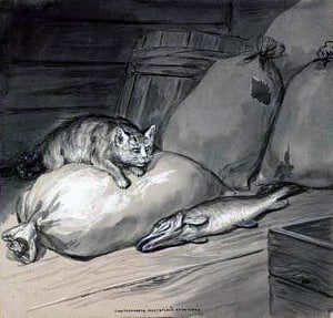 Иллюстрация к басне И. А. Крылова «Щука и кот». Художник А. Кучеренко, конец XIX века