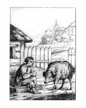 Иллюстрация к басне И. А. Крылова «Свинья». Художник А. П. Сапожников, 1834.
