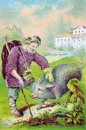 Иллюстрация к басне Ивана Андреевича Крылова «Свинья». Хромолитография, 1860-е