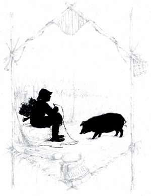Иллюстрация к басне «Свинья». Из альбома «Силуэты к басням Крылова». Бем Елизавета Меркурьевна. 1878