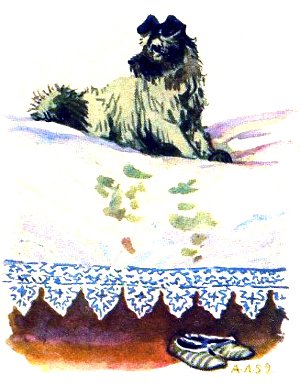 Барбос на белом, как снег, покрывале маминой кровати. Иллюстрация А. М. Лаптева к рассказу А. И. Куприна «Барбос и Жулька»