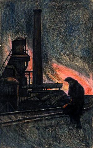 Пожар на заводе. Иллюстрация к рассказу А. И. Куприна «Молох». Художник И. С. Глазунов, 1964