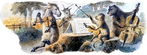 Иллюстрация к басне И. А. Крылова «Квартет». Рисунок в альбоме эскизов для чайного сервиза на темы басен И. А. Крылова. Неизвестный художник, 1876 г.
